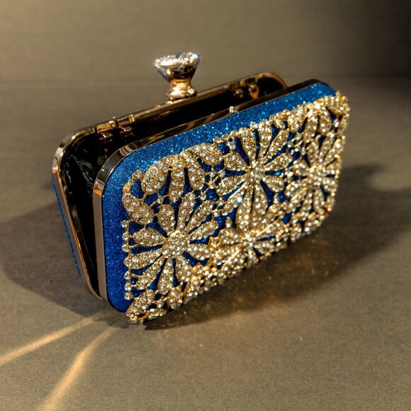 Verano Hill Blue Crystal Floral Clutch Purse with Gold Detailing NWOT - Picture 3 of 5